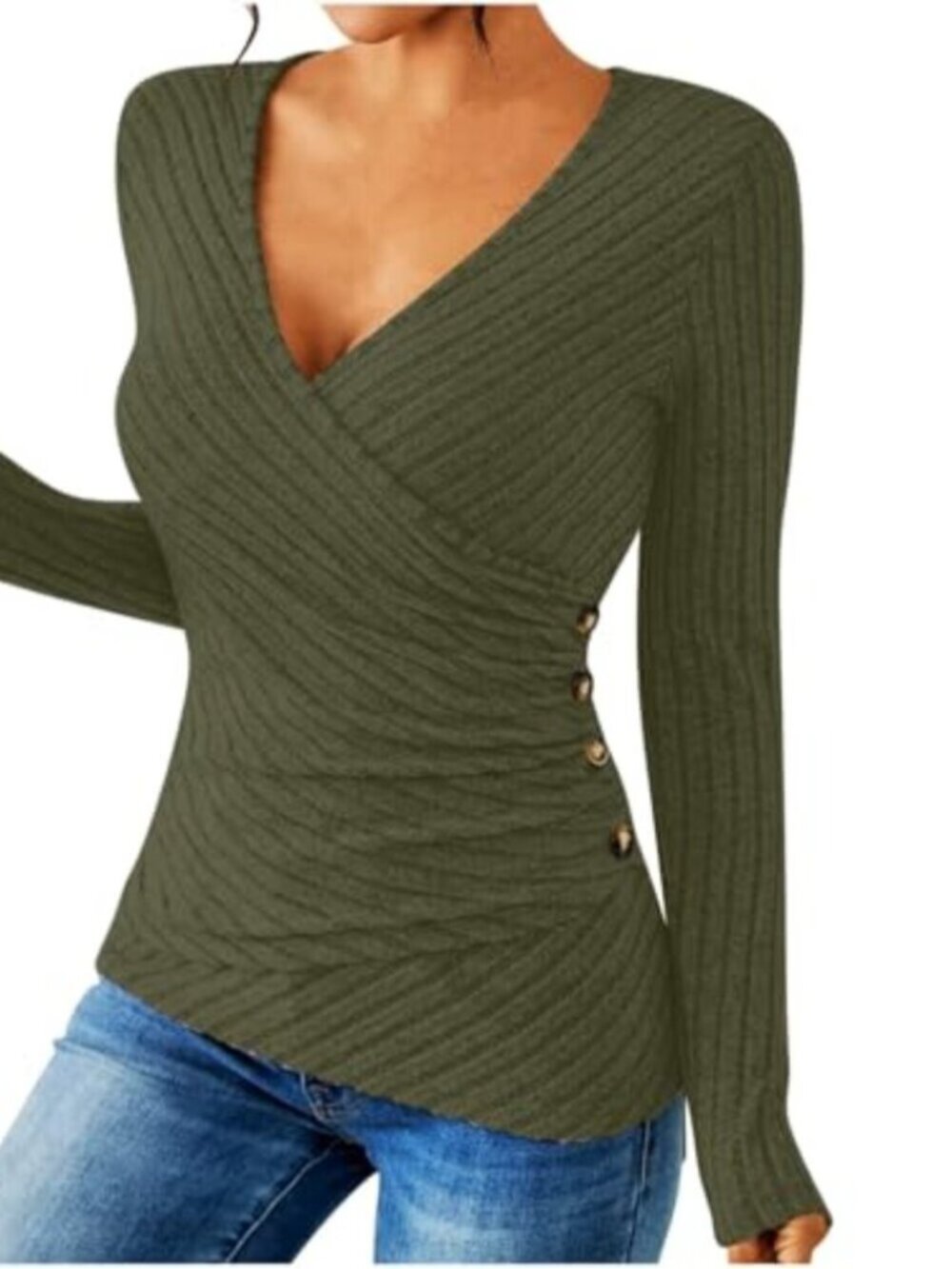 🆕 Womens Deep V Neck T Shirts Casual Long Sleeve Ribbed Knit Pullover Side